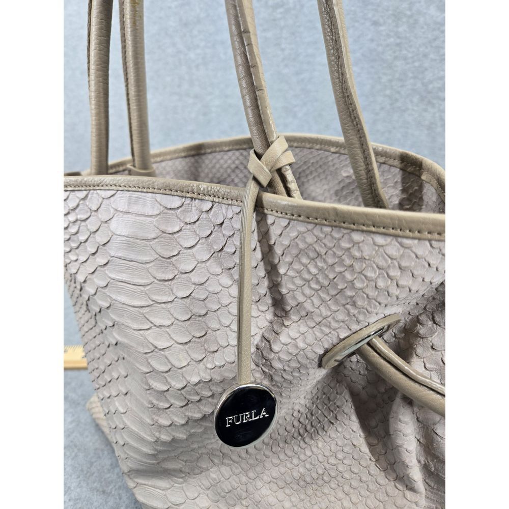 Furla logo light gray croc embossed genuine leather hobo shoulder bag Purse‎ - Picture 9 of 13
